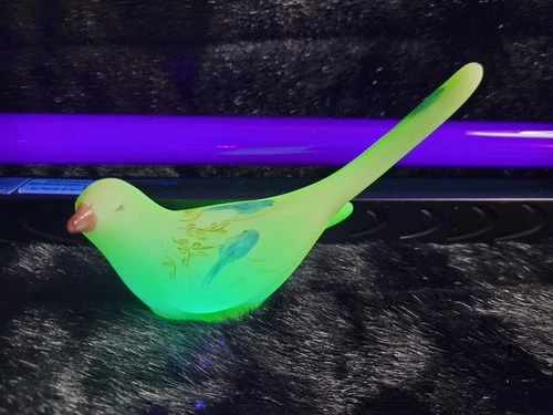 Fenton Custard Uranium Bird of Happiness Glass Figurine Painted Signed Glows