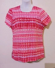 WHITE CROSS*Red Pink Heart Scrub Top*Size L*Round Neck*Short Slv*Back Tie String