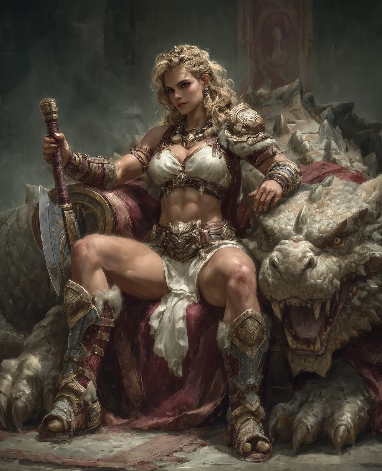 8x10 Warrior woman seated on dragon beast axe rubble - 542531052