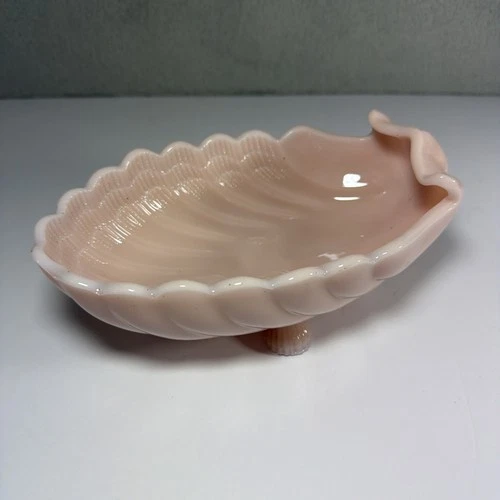Pink Milk Glass Footed Bowl Seashell Oval Candy Trinket Dish Bath Decor Vintage