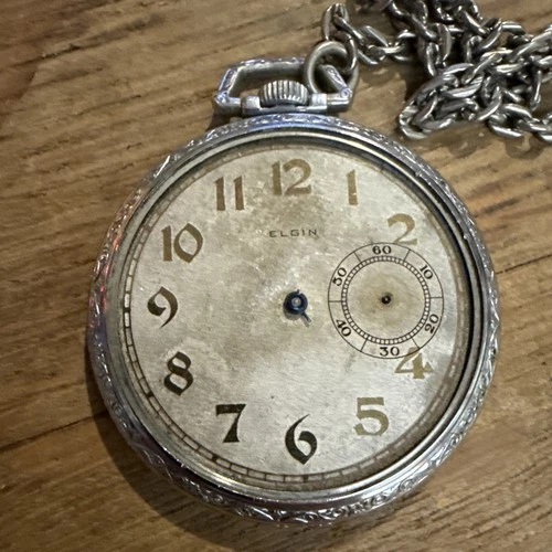 Elgin Silver Tone Pocket Watch Manual Winding Vintage Antique For Parts/Repair