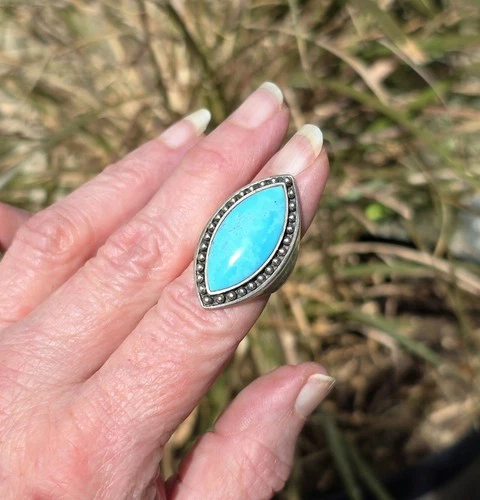 Vtg 925 Sterling Silver Turquoise Ring Oval Signed SX THAILAND Sz 7 - NO RESERVE