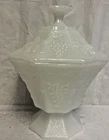 Vintage White Milk Glass Covered Candy Dish W/ Lid Pedestal Octagon Grapes Leaf
