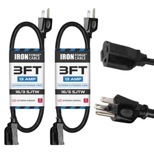 Iron Forge Cable 2 Pack Extension Cord 3 Feet, 16 Awg 3 Foot Black Extension Cor