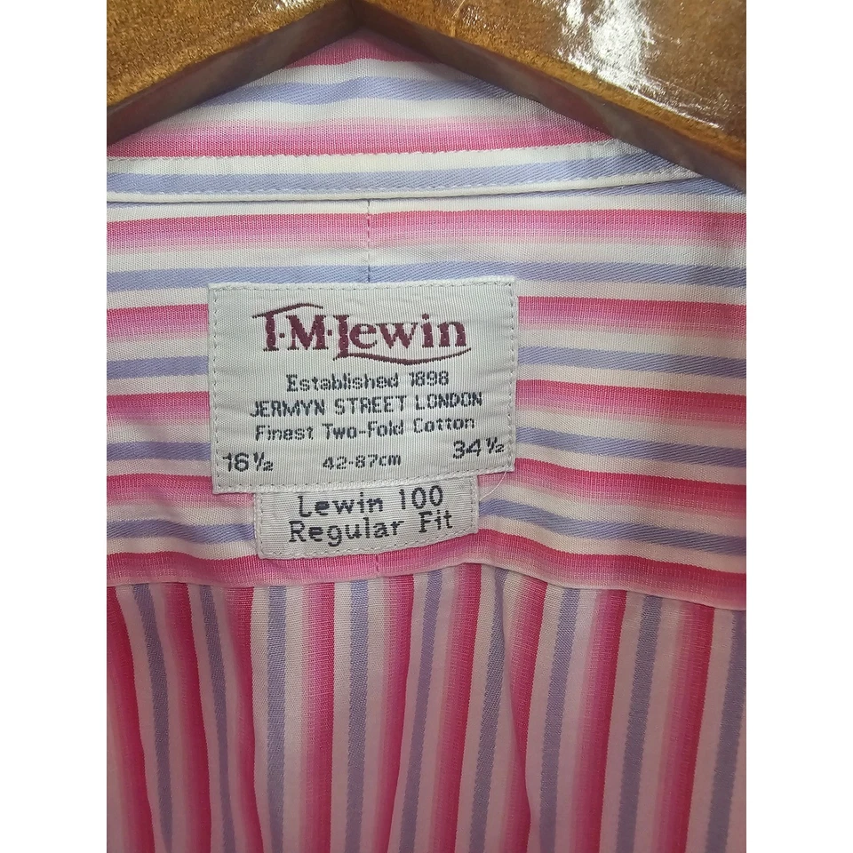 Camisa de Vestir TM Lewin Rosa Azul Rayas Algodón 16.5 34/35 Ajuste Regular Puño Francés Foto 3 de 4