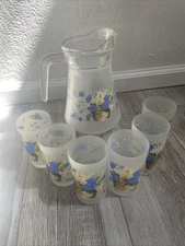 VTG Frosted Glass Pitcher And Glasses Purple Flower Basket Design 7 Pieces Total