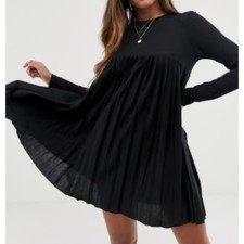 Black Pleated Mini Dress Size Smock Babydoll Long Sleeve Minimalist 6 NWT