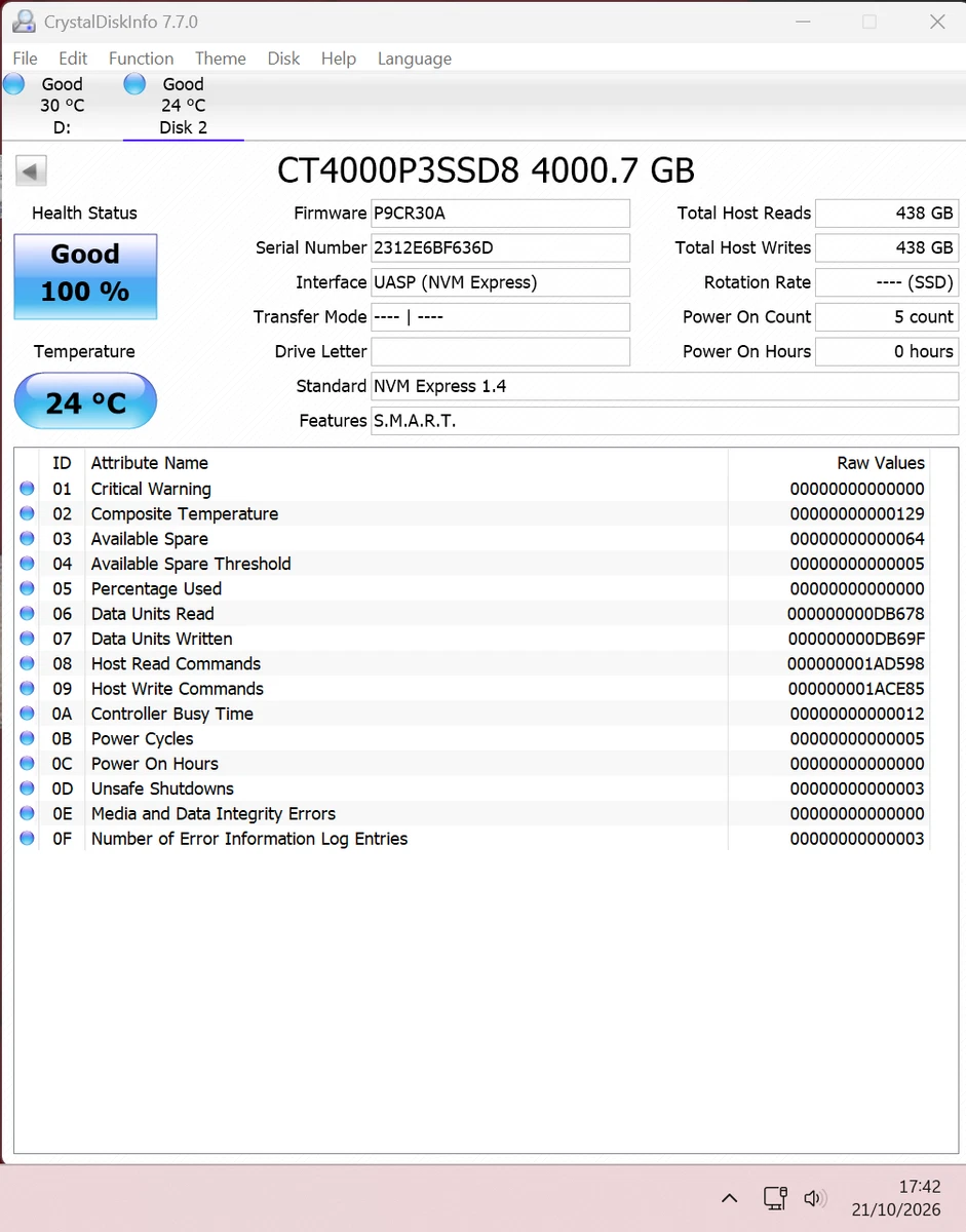 SSD interno Crucial P3 4 TB M.2 NVMe PCIe Gen3 x4 - 3500 MB/s (0 horas / 100 % HEA