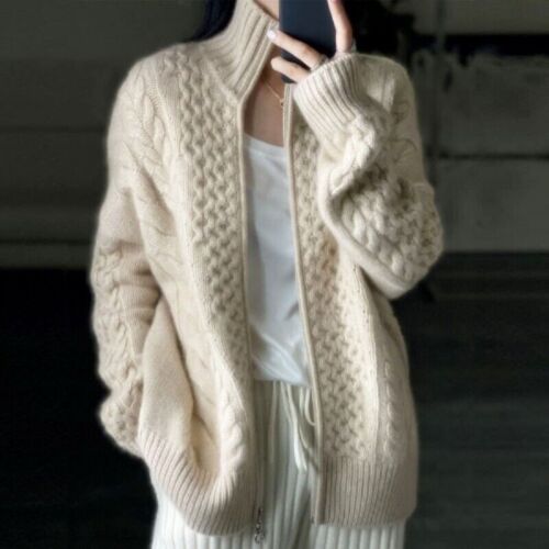 Cashmere Sweater Women's Turtleneck Zipper Knitted Cardigan Slouchy Loose Jumper - Afbeelding 1 van 6