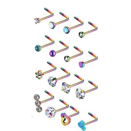 16PCS/LOT CZ L-Shaped Nose Studs Surgical Steel Pin Lip Ear Nose Ring Set 20G - Picture 8 of 15