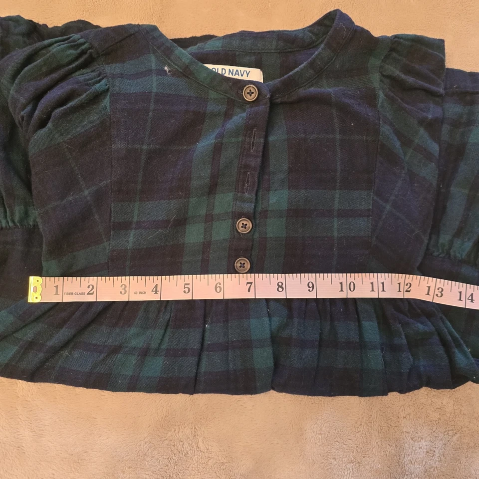 Old Navy Girl's  Long Puff Sleeve Button Plaid Swing Dress Green & Navy Sz S 6-7 - Image 3 of 4