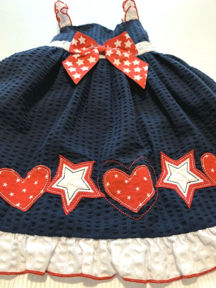 Bebé Niñas Talla 12 Meses Vestido Sophie Rosa Azul Estrellas Patriótico Seersucker Foto 2 de 4