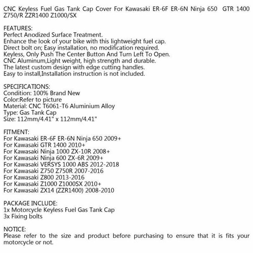 KEYLESS Fuel Cover Gas Tank Cap Blk For Kawasaki VERSYS1000 ABS GTR1400 10-18 E2 - Picture 7 of 7