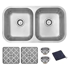 DIRECTUNIT Undermount Kitchen Sink 18 Gauge Stainless Steel 2 Bowl, 32"x18.5"x9"