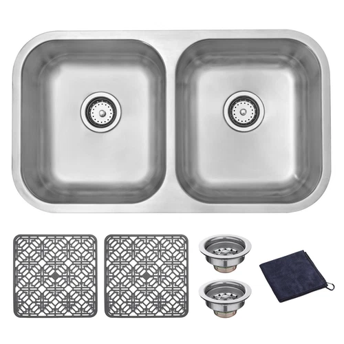 DIRECTUNIT Undermount Kitchen Sink 18 Gauge Stainless Steel 2 Bowl, 32"x18.5"x9"