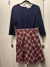 Vintage Retro 1960s Style Navy Blue White Red Plaid Long Sleeve Dress