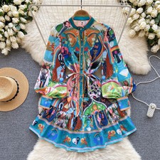 Elegant Printed Short Skirt Women Stand Collar Lantern Sleeve Loose A-line Dress