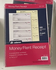 Adams Money Rent Receipt Book, 2 Part Carbonless, 7 5/8" x 11" Spiral 200 Sets