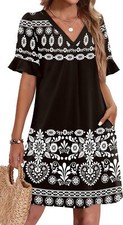 Women's Ruffle Short Sleeve V-Neck Shift Dress - Loose Fit & Easy Wear