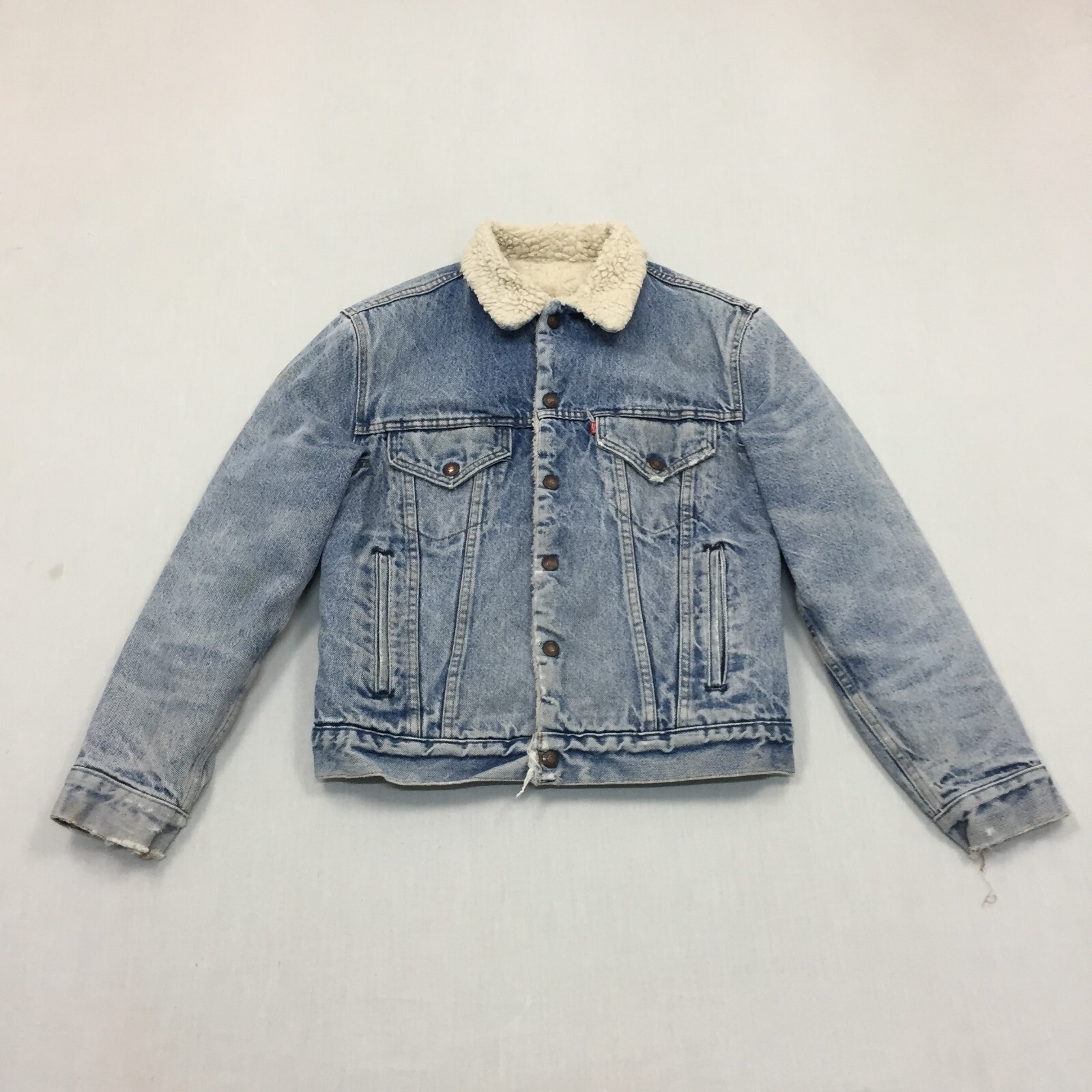 Vintage Levi's Sherpa Denim Jacket 36R Small Made USA Biker Trucker Distressed