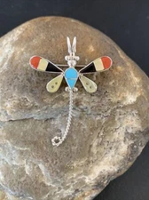 Turquoise Mother Of Pearl Zuni Sterling Silver Dragonfly Inlay Pin Pendant 12323