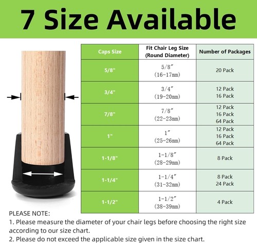 Chair Leg Tips Caps Non-Slip Rubber Leg Tips 1” Inner Diameter Furnigear -Black - Picture 6 of 6