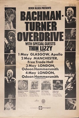 BACHMAN TURNER OVERDRIVE - GIG ADVERT - 1975 - THIN LIZZY - GLASGOW - MANCHESTER