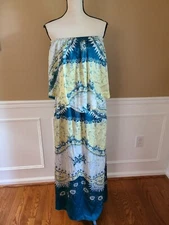 Womens VOOM by Joy Han Strapless Silk Dress Size Medium Kaftan Off Shoulder TEAL