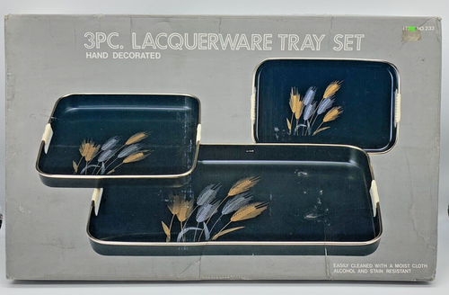 Vintage Hand Decorated Black & Gold Lacquerware 3 Piece Nesting Tray Set Wheat - Picture 2 of 7