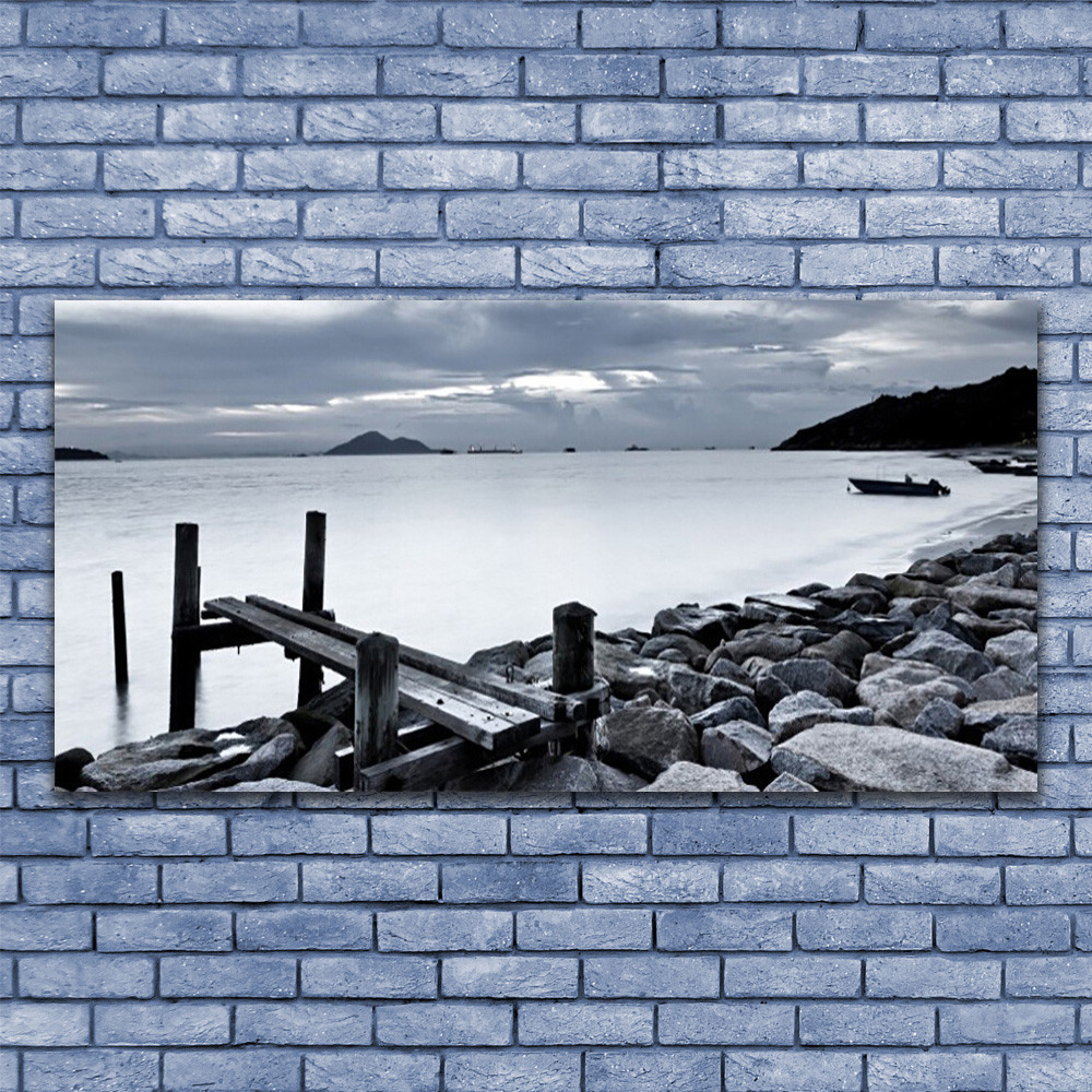 Tableau sous verre 140x70 cm paysage marin de pierres de plage pour salon