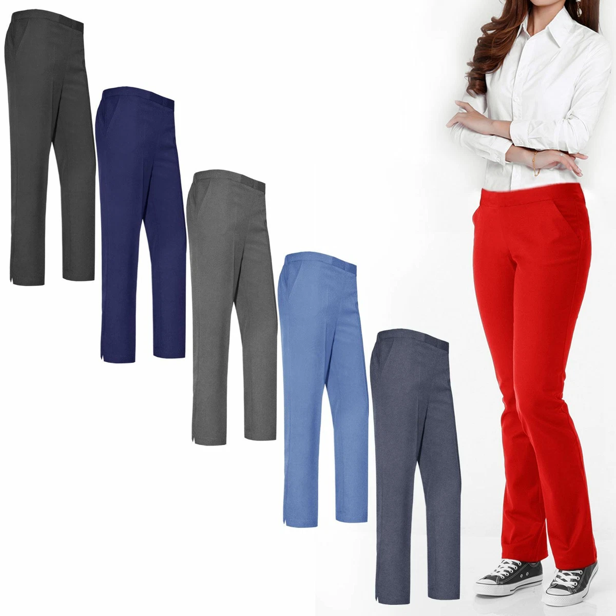 WOMEN LADIES TROUSERS GIRLS CLASSIC ELASTIC BOTTOMS OFFICE SCHOOL UNIFORM PANTS