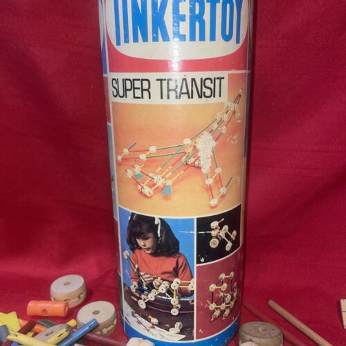 Vintage 1970s Tinker Toy Construction Set in Canister Super Transit #146 100+ Pc - Picture 2 of 7