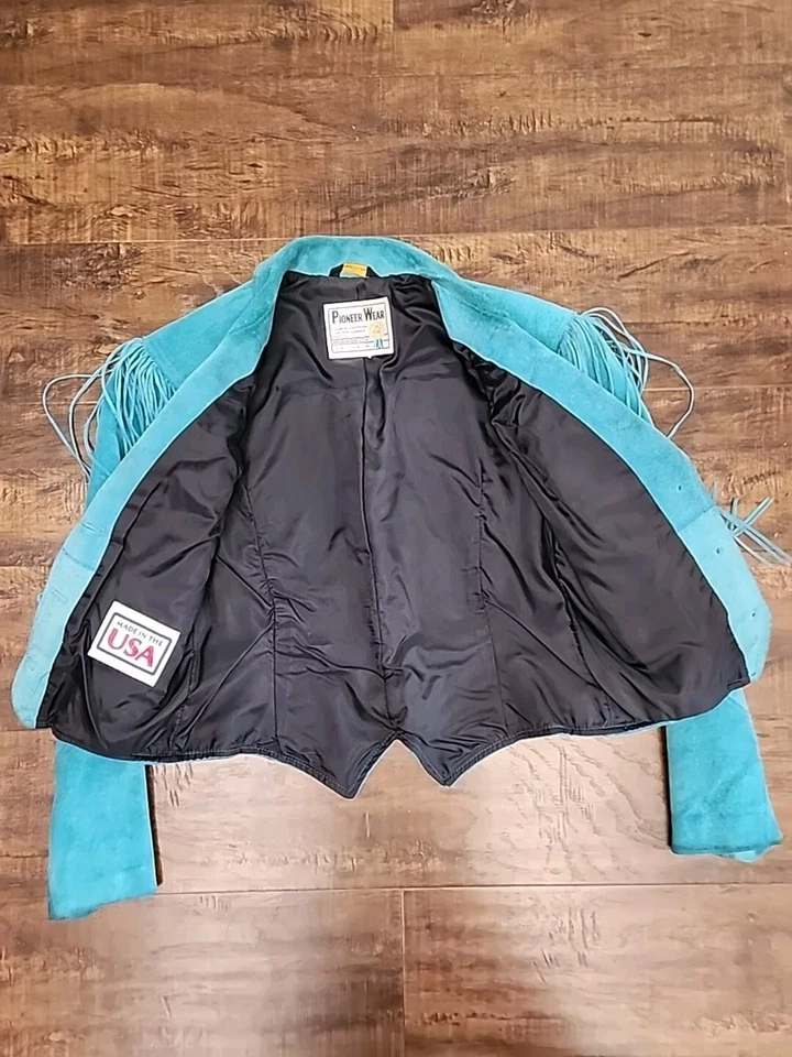 Chaqueta corta vintage Pioneer Wear flecos gamuza TURQUESA talla 4? Hecho en USA Foto 3 de 4