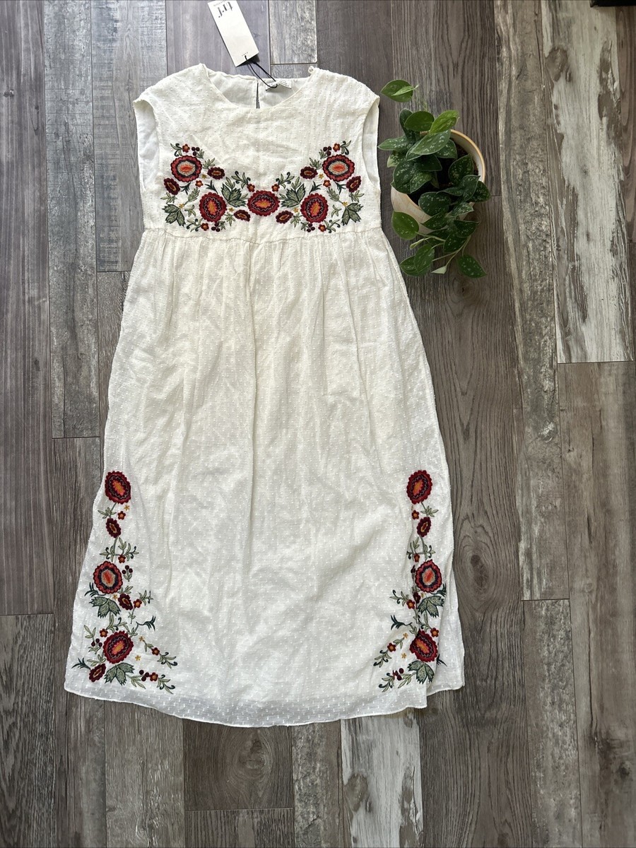 ZARA Womans Embroidered Short Sleeveless Ivory Floral Dress Size M ZARA Womans Embroidered Short Sleeveless Ivory Floral Dress Size M