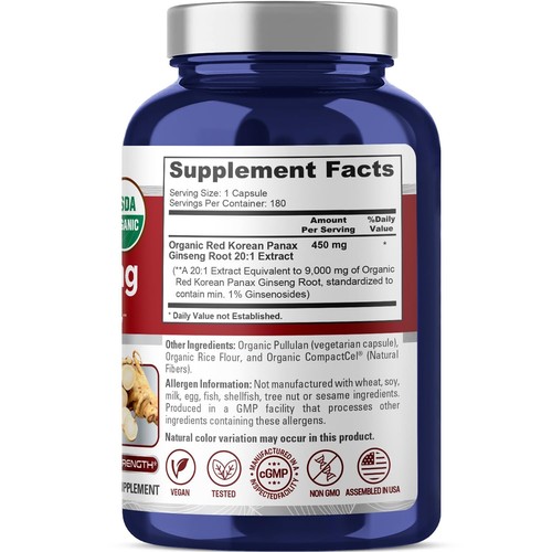 NusaPure Red Korean Panax Ginseng 9,000mg 180 Veggie Caps (USDA Organic) - Picture 2 of 9