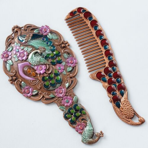 Colorful Enameled Peacock Pattern Cosmetic Hand Held Mirror Comb Set - Picture 12 of 13