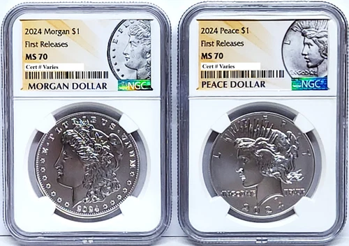 2 coin set 2024 morgan peace silver dollars ngc ms 70 first releases