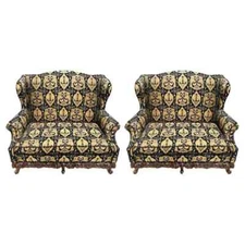 Italian Rococo Revival Style Settee or Sofa, Black and Beige Upholstery, a Pair
