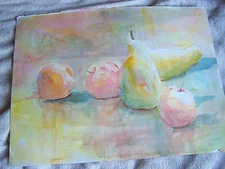 Original Watercolor By Peg Humphreys, Park Scene & Fruit  21 1/2" x 16" 