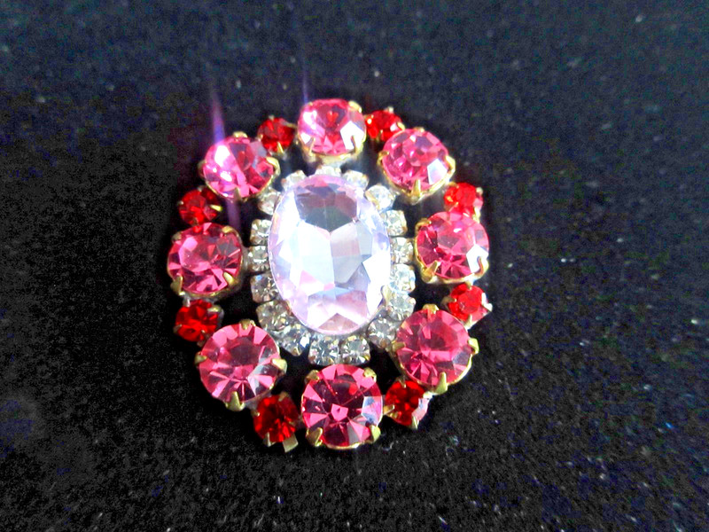 XL Outstanding Czech Vintage Style Glass Rhinestone Button  Pink & Red & Crystal