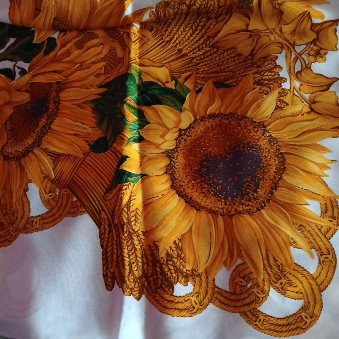 CHANEL Sunflower pattern Silk Scarf Orange Yellow White Green