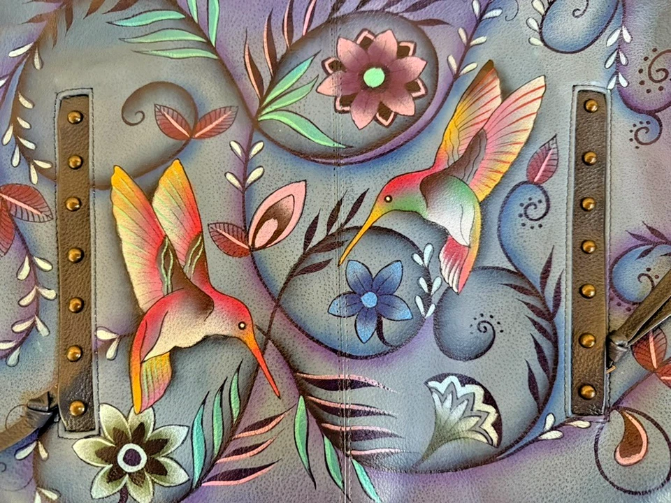 NUEVO BOLSO ANUSCHKA JOYAS VOLADORAS AZUL CUERO PINTADO A MANO TACHONADO CON MONEDERO Foto 2 de 4