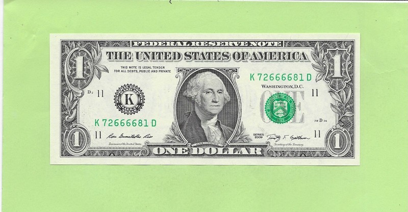 2009 ..UNCIRC $1  K 7266 6681 D  .... 2009  $1  K-D    '6666'  QUAD  CENTER NOTE