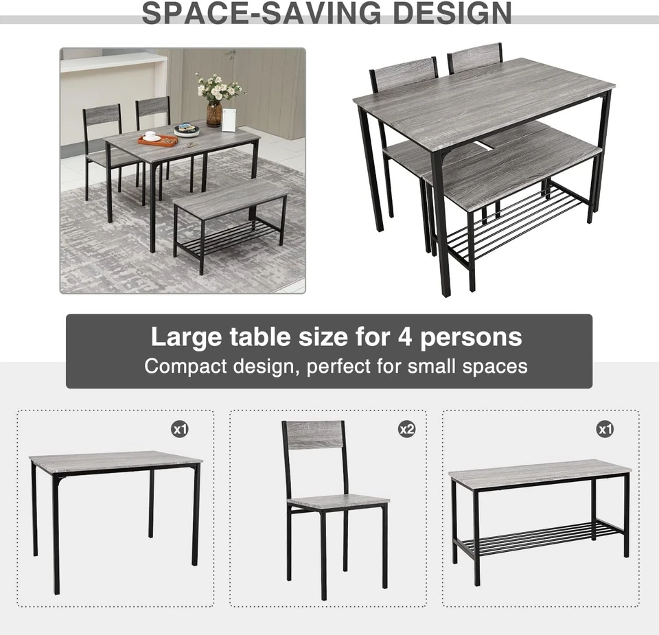 4-Piece Grey Dining Set with Bench & Chairs | Space Saving Kitchen Table - Image 2 of 4