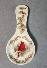 Cracker Barrel Plaid Tidings Cardinal Bird Holly Berries Ceramic Spoon Rest