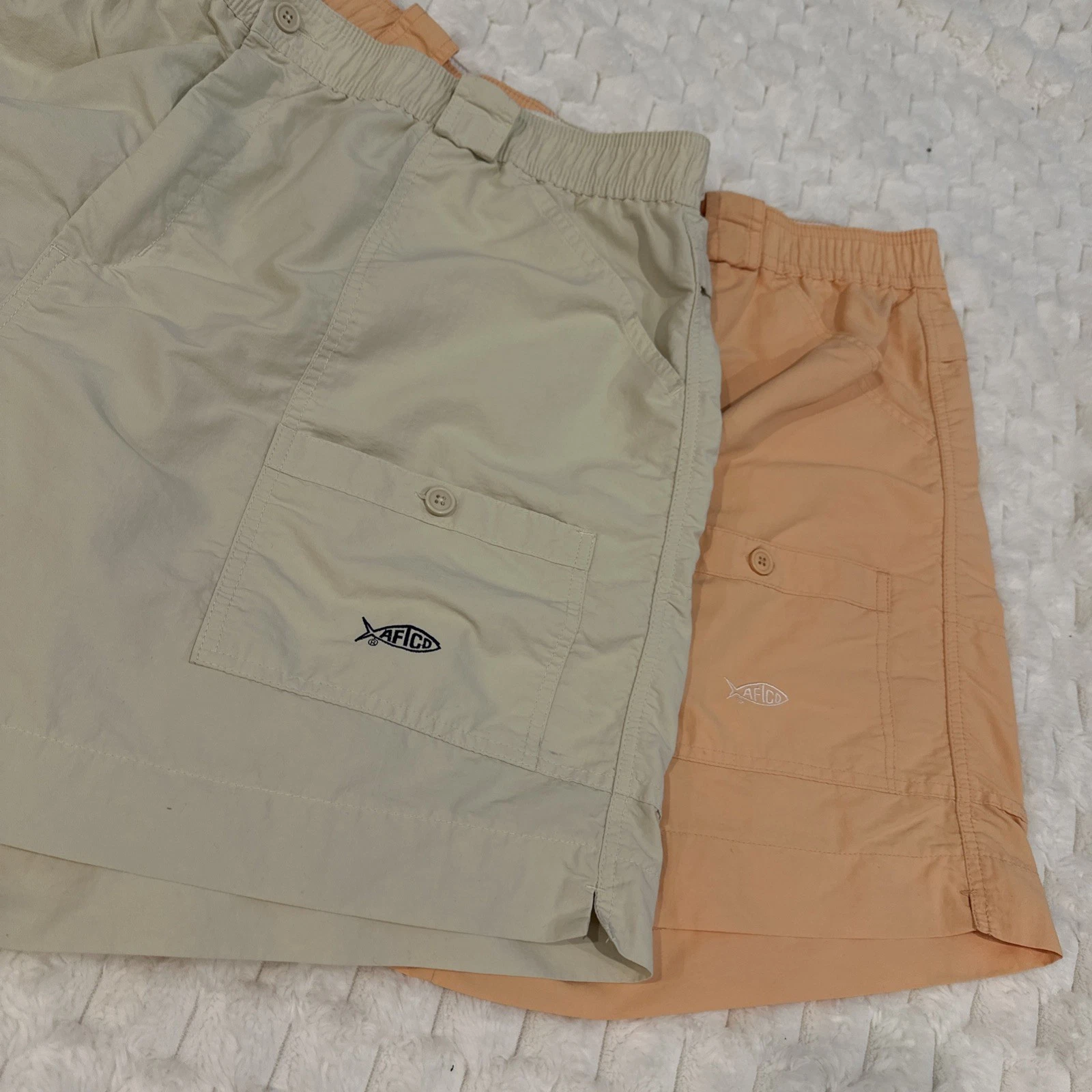 AFTCO Shorts Lot of 2 Men 44 Fits 40 6” Khaki Orange Nylon Elastic Waist Fishing