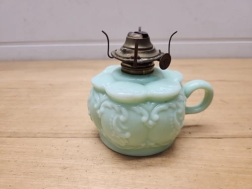 Antique USA Embossed Jadite Green Milk Glass Oil Table Lamp With Handle