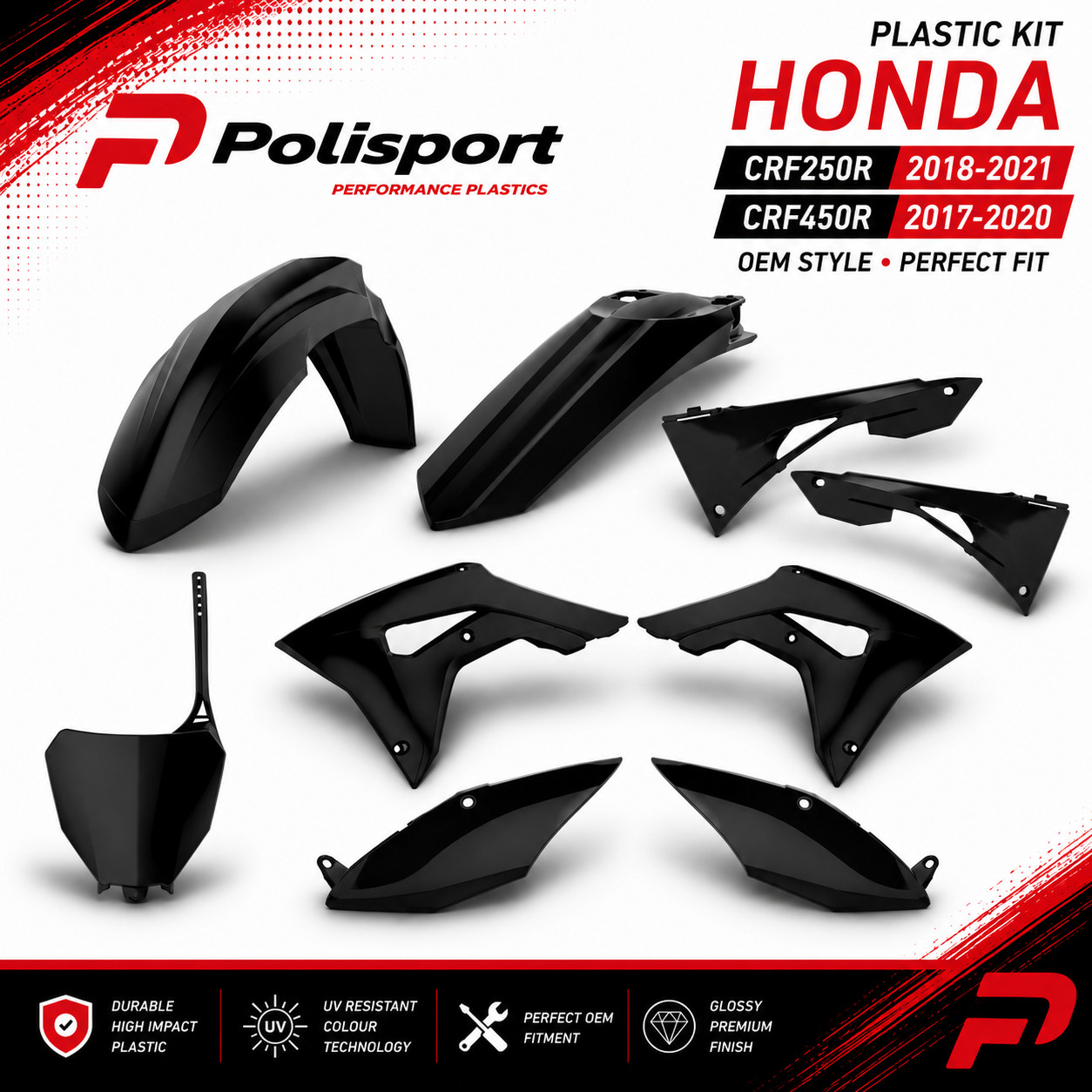 HONDA CRF250R 2018-2021 POLISPORT OEM PLASTIC KIT BLACK CRF450R 2017-2020