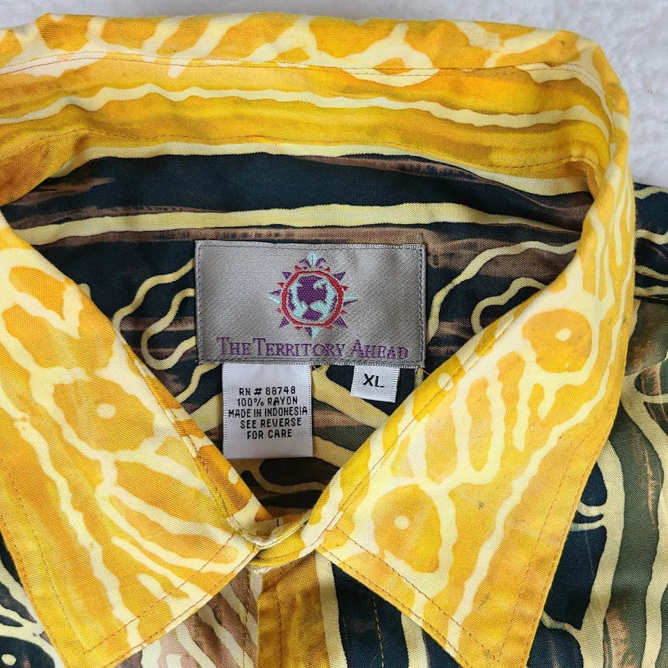 Camisa The Territory Ahead Para Hombres XL Negra Amarilla Azteca Hawaiana Abotonada Rayón Foto 3 de 4