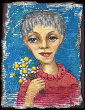 Original Mixed Media Painting Portrait Contemporary Art 11 x 14" Framed Flowers